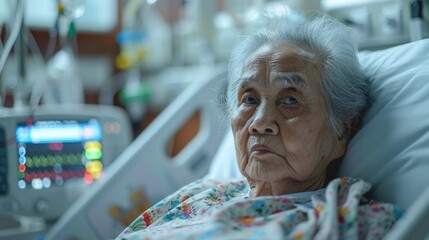 Within the elderly sick room rests an elderly woman patient