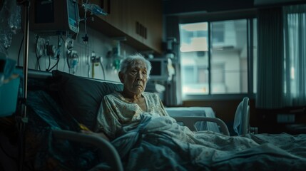 Elderly patients sitting in bed waiting for relatives to visit with loneliness