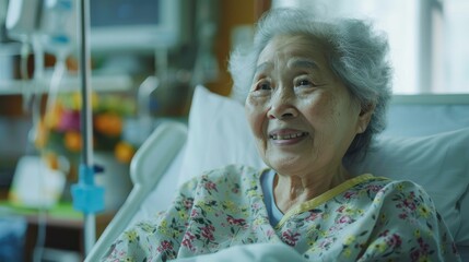 elderly sick room, a cheerful senior female patient brings warmth with her smile