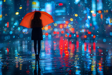 woman with red umbrella under the rain, AI generated - 781076856