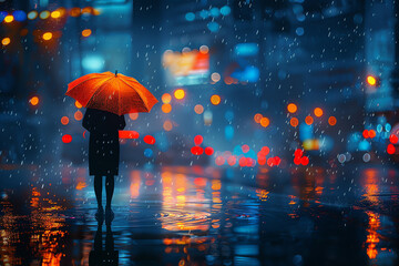 woman with red umbrella under the rain, AI generated - 781076859