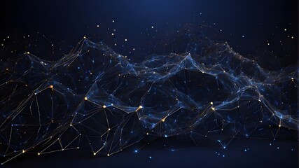 Abstract polygonal background including luminous particles, spots, and lines with a plexus effect. Artificial intelligence as a technology or connection notion. Dark blue depiction of a digital vector - obrazy, fototapety, plakaty