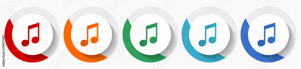 Poster music vector icon set, flat icons for logo design, webdesign and mobile applications, colorful round