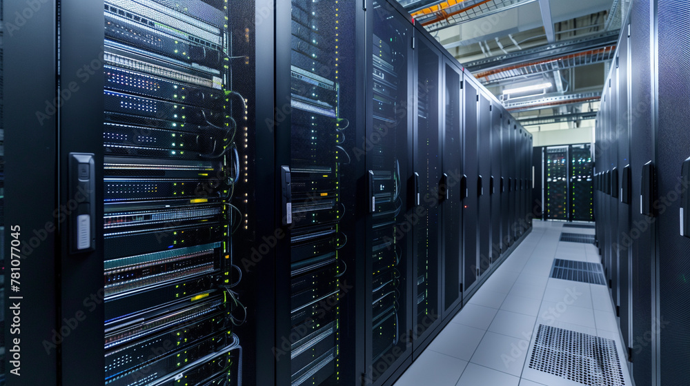 Poster high-tech server room with racks of data processing equipment.
