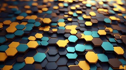 Background of hexagonal honeycomb technology, abstract metallic backdrop with hexagonal shapes and light