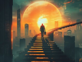 Businessman walking up the stairs to success With a city background in a futuristic style.Generative AI illustration