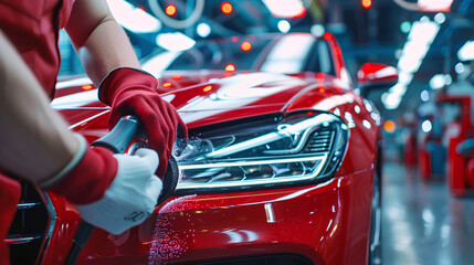 Professional detailing a car in car studio, hands with orbital polisher, scratching remover, Red car - obrazy, fototapety, plakaty