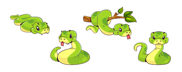 Cute green snake character with tongue cartoon vector. Serpent on tree branch in jungle forest. Reptile crawling in tropical wildlife nature. Poisonous comic game mascot isolated design collection.