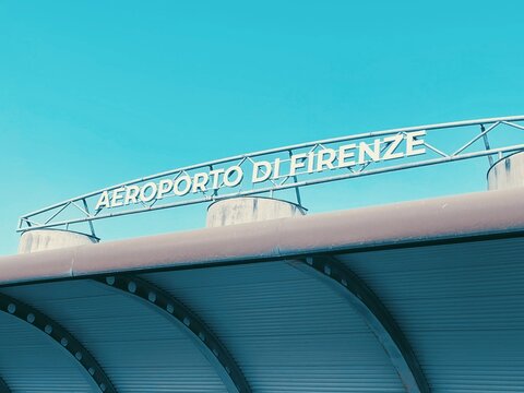 Florence, April 8th 2024, sign of Florence Airport. Aeroporto di Firenze-Peretola and formally Amerigo Vespucci Airport, is the international airport of Florence