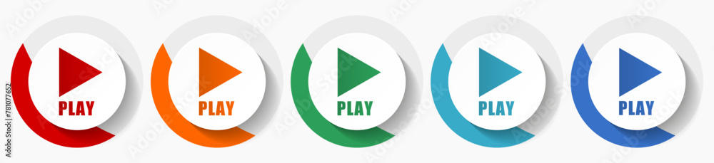 Aufkleber play vector icon set, flat icons for logo design, webdesign and mobile applications, colorful round 