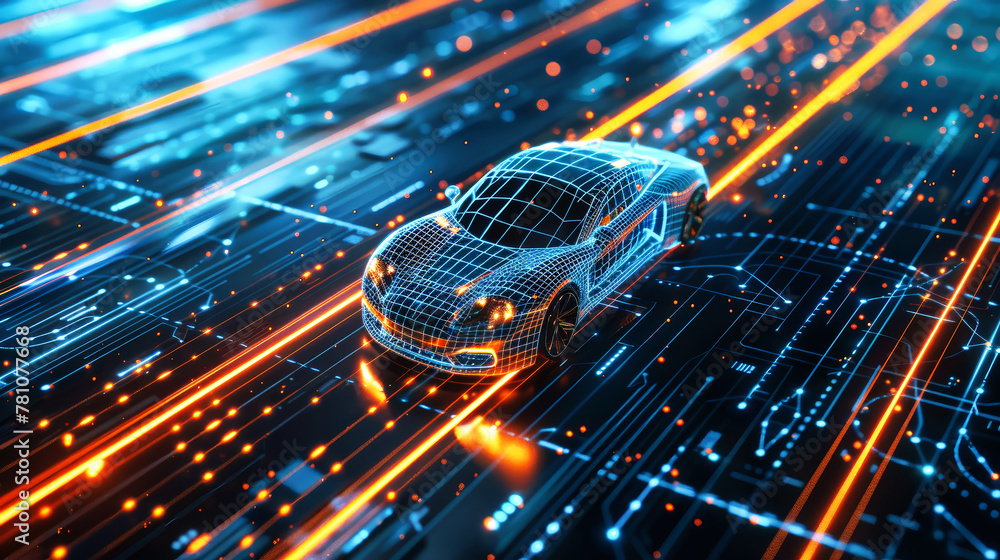 Poster an electric car navigates through a complex maze of swirling lines in a dynamic and artistic 3d illu