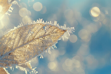 Leaf with frost crystals, sunlight bokeh, winter magic