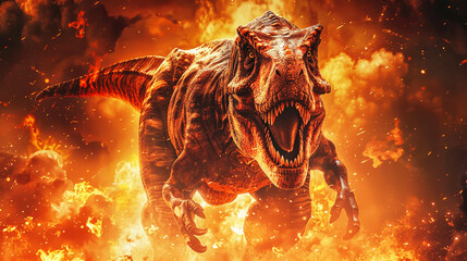 A massive dinosaur is on the move, charging through a sky engulfed in flames