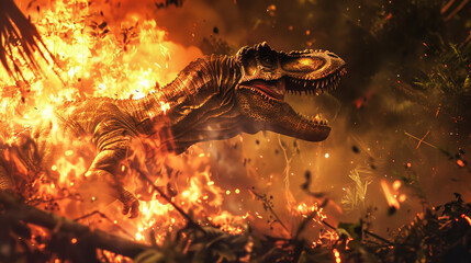 A dinosaur stands defiantly in front of a raging fire and striking lightning, showcasing a powerful...