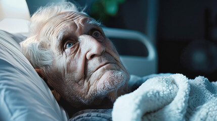 A senior man lies peacefully in a hospital bed, surrounded by medical equipment, with a serene expression on his face - obrazy, fototapety, plakaty