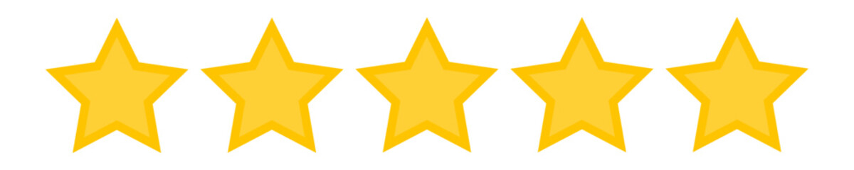 Five stars rating icon. Star icon. 5 stars rating. Golden stars quality feedback, review, ranking system symbol isolated on transparent background. Vector 