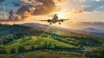This vibrant image features a jetliner against the backdrop of a sunset sky over rolling green hills and roads - Powered by Adobe