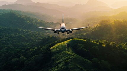 Dramatic image of a commercial jet flying low over a dense green rainforest, guiding viewers into the wild - obrazy, fototapety, plakaty