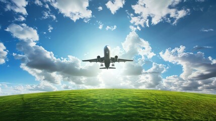 A commercially airliner soars over a green landscape, brilliantly backlit by a sunbeam piercing through clouds