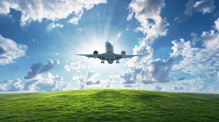 Bright image capturing a plane in the sky above a vibrantly green hill under a sunny sky