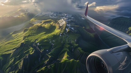 The perspective from an airplane wing as it soars over a majestic mountain range, symbolizing the vastness of nature