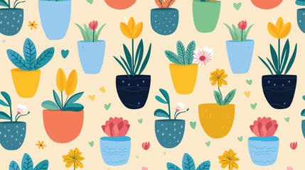 Flower pots leaves plants and patches seamless gard - obrazy, fototapety, plakaty