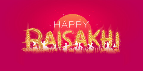 Vector Greeting for Baisakhi. Harvest festival of India punjab. Sikh bhangra dance in wheat field illustration. - obrazy, fototapety, plakaty