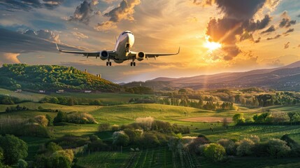 The majestic descent of an airplane into the sunset above a verdant rural landscape signifies the journey's peaceful end - obrazy, fototapety, plakaty
