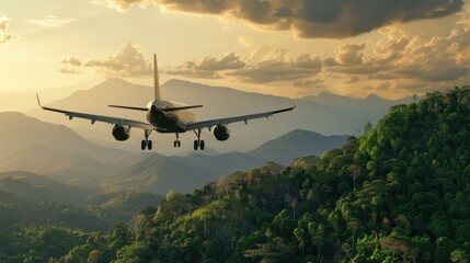 Amidst a tropical forest landscape, a jet airliner descends with mountains creating a dramatic backdrop
