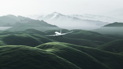 An ethereal scene of a plane gliding through soft mist among rolling mountainous terrain, evoking a sense of mystery and exploration - obrazy, fototapety, plakaty