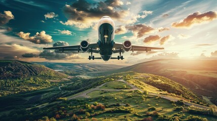 A jet aircraft impressively swoops low over a colorful landscape during golden hour, capturing the essence of exploration and excitement - obrazy, fototapety, plakaty