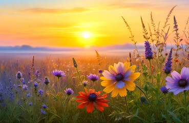 Beautiful summer landscape with flowers on the meadow at sunrise. Generative AI