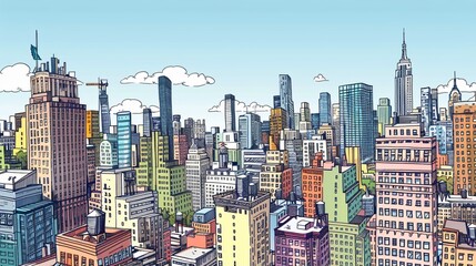 A detailed illustration showcasing a variety of colorful buildings in a bustling metropolitan skyline under a clear blue sky.