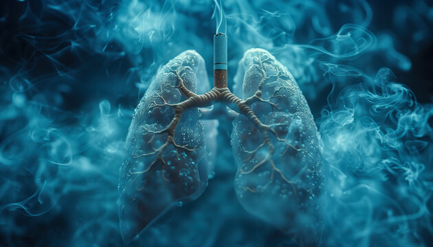 Conceptual image of lungs affected by smoking with cigarette and smoke.