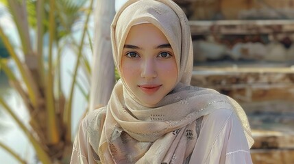 Graceful Muslim Woman in Hijab. Beautiful woman wearing beige hijab.