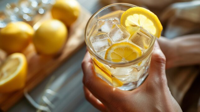 Person holding glass lemonade ice lemon slices