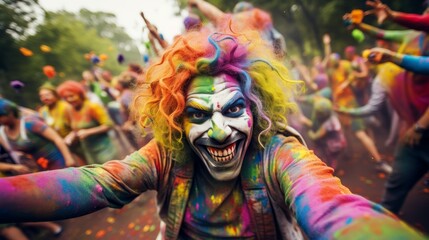 Spooky clown with sinister smile, menacing eyes, and creepy demeanor for sale on photo stock - obrazy, fototapety, plakaty