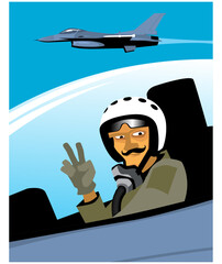 A pilot smiles in the cockpit of a jet fighter. Cartoon character. Vector image for prints, poster and illustrations.