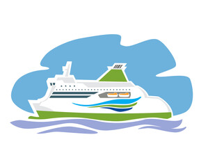 Passenger ship. Ferry ship. Cargo and passengers carrier. Sea transportation. Vector image for prints, poster and illustrations.