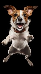 A dog is jumping in the air and has its mouth open