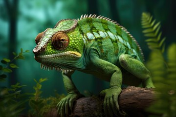 A green lizard is sitting on a log in a forest