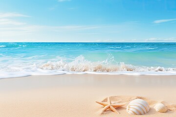 Fototapeta na wymiar A beach scene with a starfish and a shell on the sand
