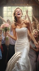 A woman in a white wedding dress is smiling and holding a bouquet of flowers