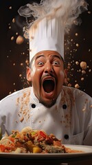 A chef is wearing a white hat and is holding a plate of food