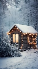 A small cabin in the woods is lit up with Christmas lights