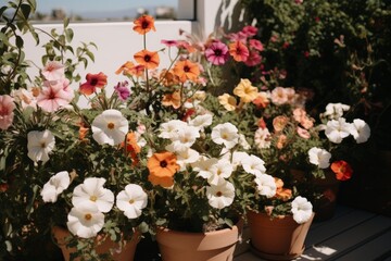 Fototapeta na wymiar Beautiful balcony decorated with vibrant flowers in pots, featuring soft and warm hues
