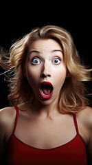 A woman with red hair and a red tank top is making a surprised face