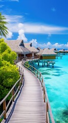 A beach with a wooden walkway leading to a row of houses