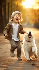 A young boy is running with a dog, both of them happy and enjoying the moment