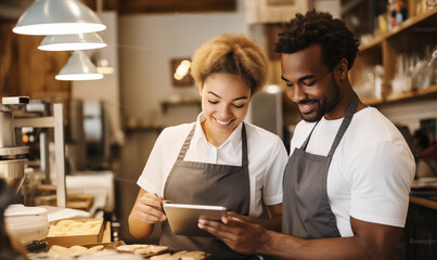 Joyful pair in aprons standing in a cafe